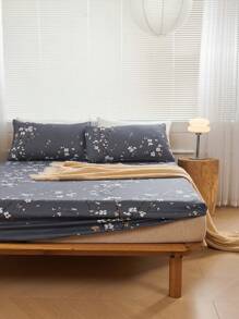 Bộ 3 ga trải giường họa tiết cành hoa mận màu xám đậm không có ruột, Bộ ga trải giường cho phòng ngủ bằng vải sợi nhỏ chải kỹ, thoáng khí, thoải mái, 1 ga trải giường + 2 vỏ gối không có ruột, Bộ chăn ga gối đệm cho ký túc xá trường học - Màu xám đen - Xem 6