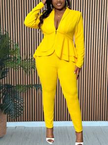 Slaydiva Fall Classic Commuting Women's Plus Size Yellow Women Dresses Yellow Solid Color Waist-Cinching Frilled Hem V-Neck Suit Set - Yellow - View 13