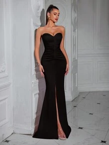 Elisanya 前开衩露背纯色褶皱女士正式晚会礼服黑色优雅舞会婚礼宾客礼服，适合毕业典礼、晚宴优雅 - 黑色 - 查看 1