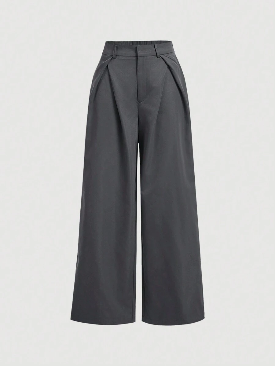 SHEIN MOD 灰色褶皱学院风西装裤，返校，教师上衣，90 年代，校服 - 灰色 - 查看 1