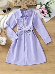 Vestido feminino de manga comprida com cinto e bainha com babados