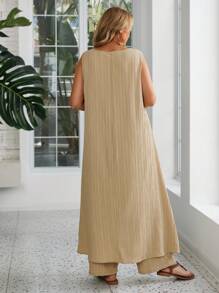 EMERY ROSE 2 pièces Ensemble Top et pantalon décontracté avec encolure ronde sans manches et bas asymétrique, grande taille - Kaki - Voir 4