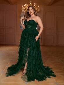 Faeriesty Plus Size Contrast Color Lace Slit High Thigh Mesh Strapless Formal Dress - Dark Green - View 7