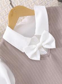 Sparklyn 3 件套 Tween 女童条纹背心、蝴蝶结装饰纯色长袖衬衫和裤子套装 - 卡其色 - 查看 4