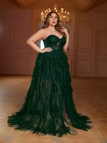 Faeriesty Plus Size Contrast Color Lace Slit High Thigh Mesh Strapless Formal Dress - Dark Green - View 3