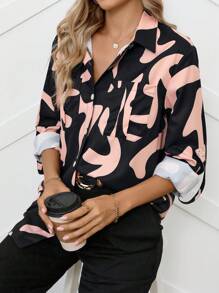 SHEIN LUNE Women's Asymmetrical Pattern Long Sleeve Casual Pocket Loose Blouse, Spring & Summer - Multicolor - View 6