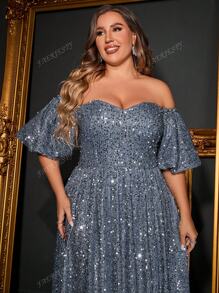 Luxurious Plus-Size Off-The-Shoulder Puff Sleeve A-Line Evening Gown | Sparkling Embellished Formal Dress For Grand Events – Perfect For Black Tie Galas, Red Carpet Evenings, Wedding Guest Attire, Opera Nights & Sophisticated Evening Dinners,Party Dress