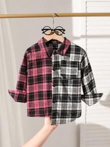 SHEIN Young Boy Fashionable Plaid Color Block Asymmetric Hem Long Sleeve Shirt,Casual Fall/Winter Back-To-School,Autumn,School Outfit For Various Occasions - Multicolor - View 1