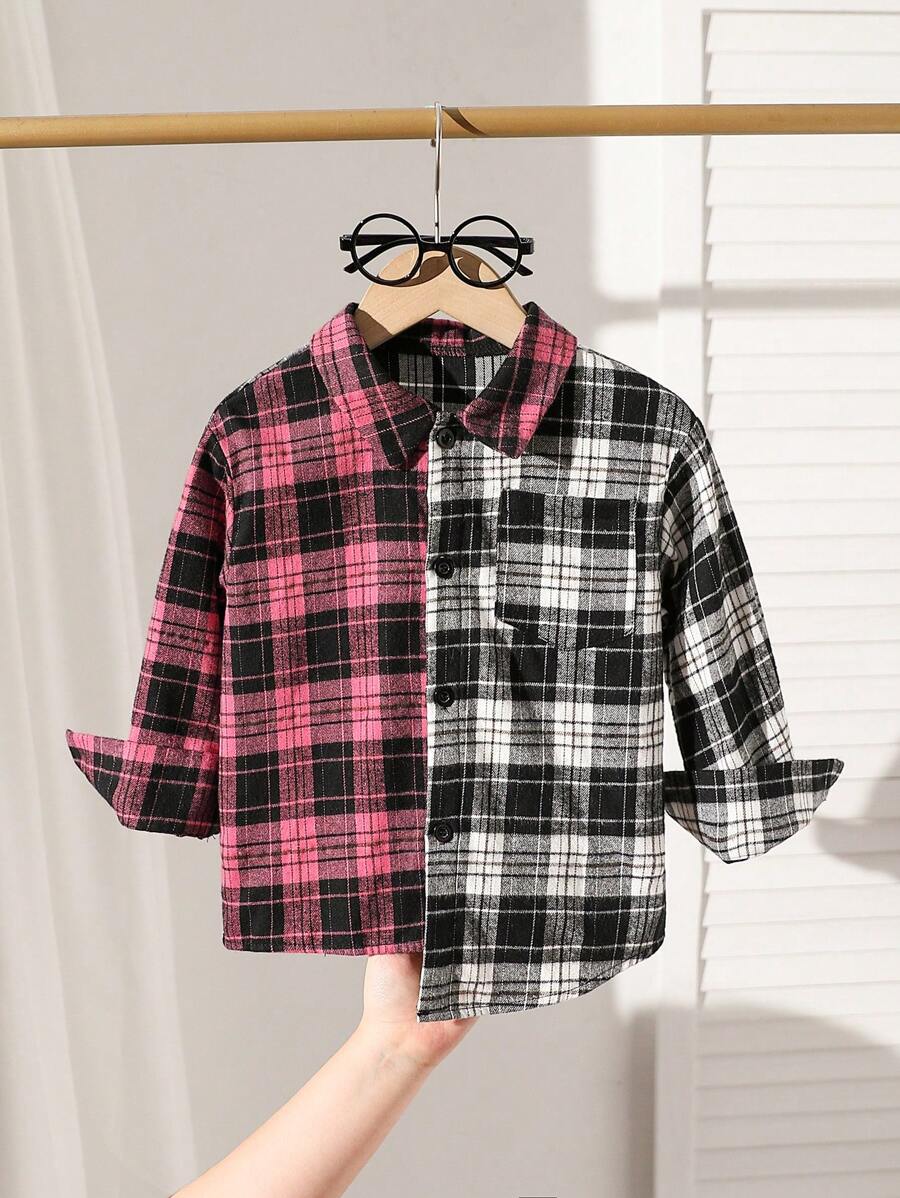 SHEIN Young Boy Fashionable Plaid Color Block Asymmetric Hem Long Sleeve Shirt,Casual Fall/Winter Back-To-School,Autumn,School Outfit For Various Occasions - Multicolor - View 1