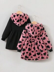 Elladie kids Chaqueta con capucha y cremallera de felpa reversible con diseño de corazón para niñas jóvenes - Multicolor - Ver 2