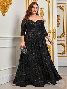 Faeriesty Plus Off Shoulder Sequin Formal Dress Black Elegant Prom Evening Wedding Guest Gown, For Graduation, Dinner Party Dress - 黑色 - 查看 6