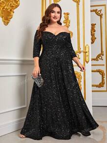 Faeriesty Plus Off Shoulder Sequin Formal Dress Black Elegant Prom Evening Wedding Guest Gown, For Graduation, Dinner Party Dress