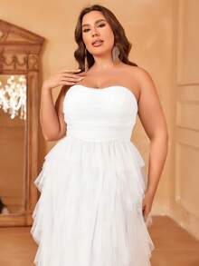 Faeriesty Plus Elegant Strapless Formal Wedding Dress With Ruched Bodice & Cascading Tulle For Romantic Celebrations, Bridal & Evening Banquets - White - View 4