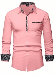 Manfinity Mode Men's Fashionable Casual Printed Patchwork Long Sleeve Shirt, Fall, Pink - Pink - View 4