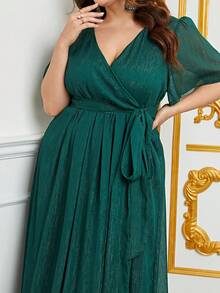 Faeriesty Plus Surplice Neck Belt Dress - Dark Green - View 4