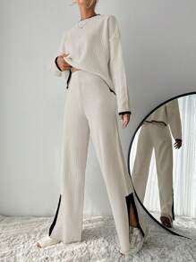 EURMUSE À Bordure Contrastante Épaule tombante Pull & Fendu En Tricot Pantalon