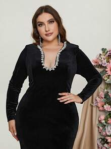 Faeriesty 大碼水鑽細節魚尾裙下擺絲絨伴娘連衣裙 - 黑色 - 查看 5