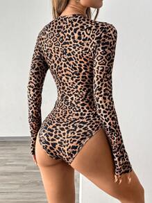 Flirla Bodyduit de manga larga con escote recortado y estampado de leopardo sexy Y2K