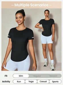 Exploreva 女性夏季純色圓領短袖休閒運動T恤 - 黑色 - 查看 4