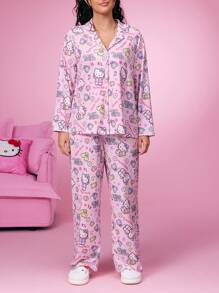 HELLO KITTY AND FRIENDS | SHEIN Conjunto de pijama de camisa de manga larga y pantalones con estampado de estrellas y lazos rosas, de corte holgado, informal y lindo, para el otoño - Multicolor - Ver 5