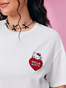 HELLO KITTY AND FRIENDS | SHEIN Große Größen Y2K Streetstyle Süßer Herz-, Schleife- und Katz-Muster Weißes Kurzarm T-Shirt, Lässiger Herbst - Weiss - Übersicht 4
