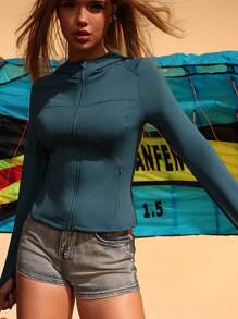 SHEIN Sports Women's Solid Color Simple Daily Hooded Long Sleeve Jacket