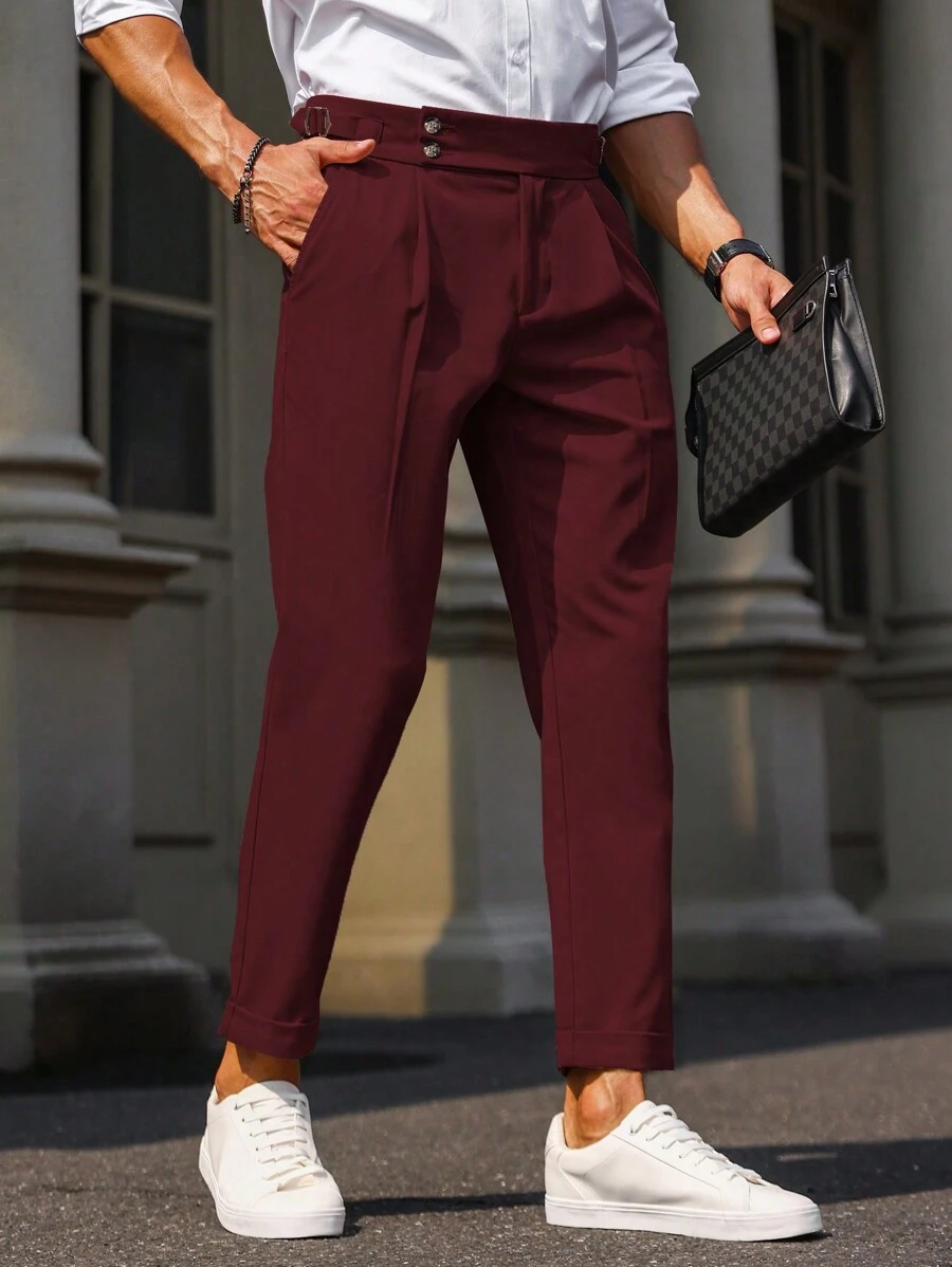 Manfinity Bizformal Men's Solid Color Pleated Pocket Straight-Leg Office Pants - Burgundy - View 1
