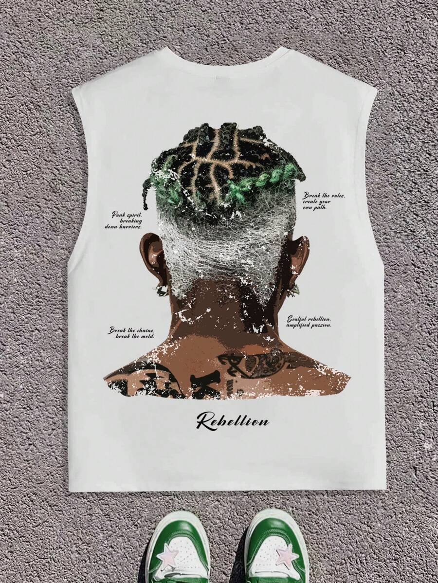 PAVTROS Manfinity Streetrush Men's Simple Printed Casual Round Neck Sleeveless Basketball Tank Top, For Workout, Husband - White - View 1