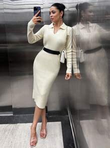 SHEIN Women Collar Neck Solid Color Belted Long Sweater Dress