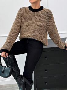 EURMUSE Casual Oversize Crew Neck Contrast Color Stripe Drop Shoulder Balloon Sleeve Sweater