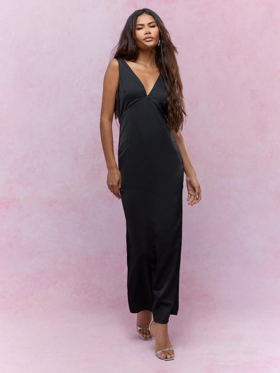 MISSGUIDED 缎面低胸无袖长裙 - 黑色 - 查看 1