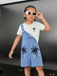 SHEIN Bộ 2 món quần yếm denim họa tiết dừa hiệu ứng denim cho bé trai màu xanh - Nhiều màu - Xem 1