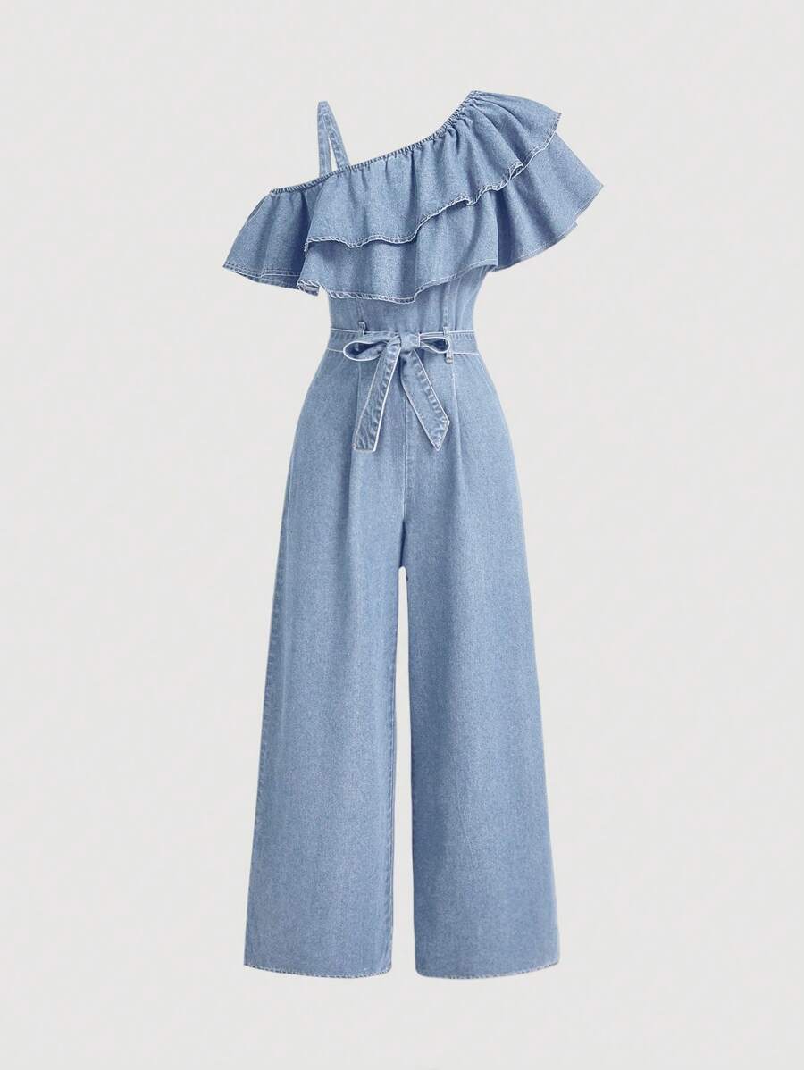 SHEIN MOD Women's Denim Jumpsuit With Ruffle Hem In Blue, Loose Fit - Light Wash - View 1
