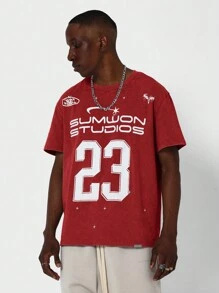 SUMWON Washed Tee With Number Graphic Print - Red - View 1