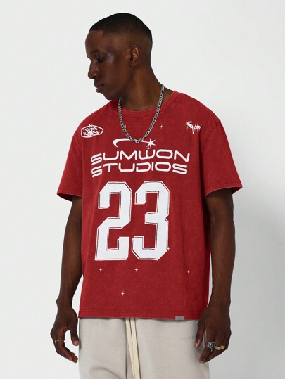 SUMWON Washed Tee With Number Graphic Print
