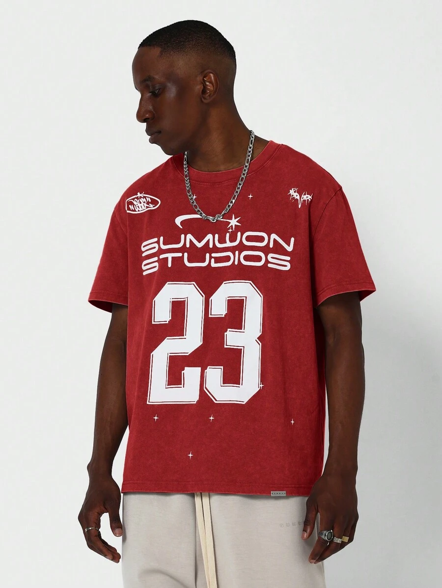 SUMWON Washed Tee With Number Graphic Print - Red - View 1