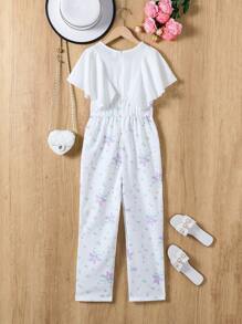 Tween Girls' Elegant V-Neck Floral Jumpsuit With Ruffle Sleeves - Multicolor - View 2