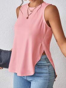 Zolique Women's Solid Color Round Neck Side Slit Hem Casual Tank Top, Summer - Baby Pink - View 3