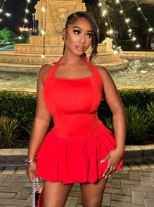 BamGleam Vestido corto de mini falda de burbujas con cuello halter y espalda descubierta de color liso y sexy para mujer, ropa de Año Nuevo - Rojo - Ver 6