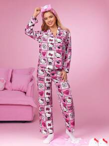 HELLO KITTY AND FRIENDS | SHEIN 秋季粉色格子蝴蝶结猫咪图案基本款可爱风格长袖上衣和长裤睡衣套装秋装 - 粉色 - 查看 5