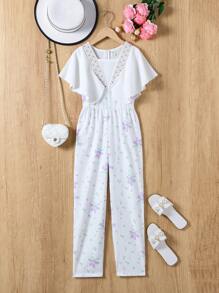 Tween Girls' Elegant V-Neck Floral Jumpsuit With Ruffle Sleeves - Multicolor - View 1