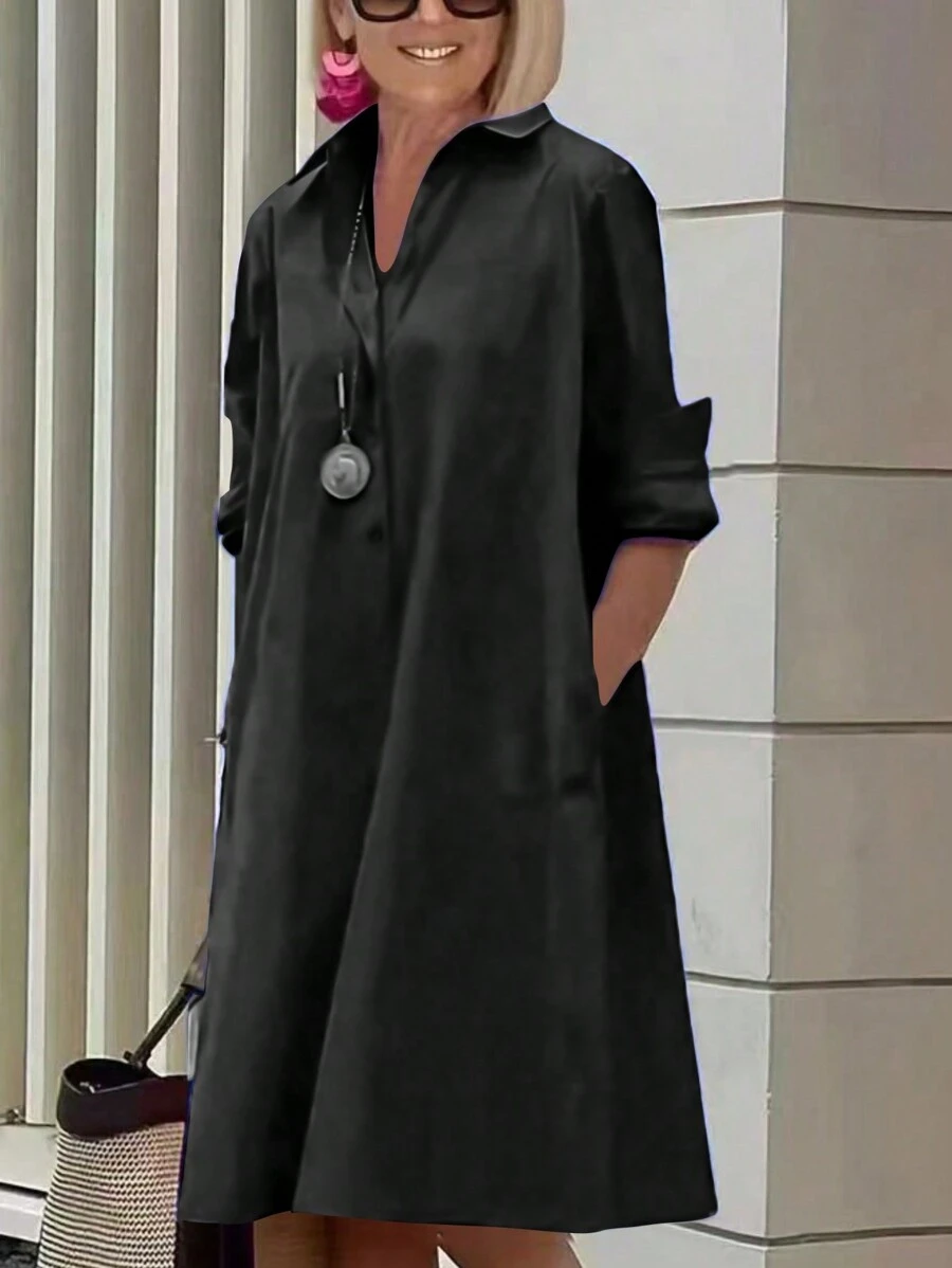 Đầm suông dài tay tối giản màu trơn cho nữ - màu đen - Xem 1