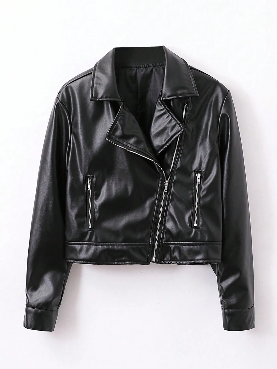 SHEIN Tween Girls' Casual PU Motorcycle Jacket - Black - View 1