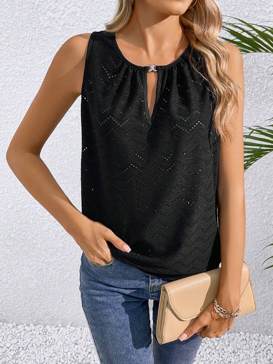 INAWLY Women's Vacation Solid Color Padlock Neck Loose Casual Tank Top - Black - View 1