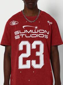 SUMWON Washed Tee With Number Graphic Print - Red - View 3
