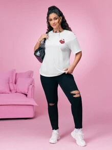 HELLO KITTY AND FRIENDS | SHEIN Große Größen Y2K Streetstyle Süßer Herz-, Schleife- und Katz-Muster Weißes Kurzarm T-Shirt, Lässiger Herbst - Weiss - Übersicht 5