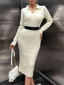 SHEIN Women Collar Neck Solid Color Belted Long Sweater Dress