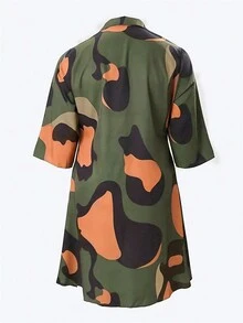 Asymmetrical Hem Allover Print Loose Collar Dress - Army Green - View 2