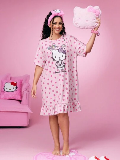 HELLO KITTY AND FRIENDS | SHEIN Avslappnad söt gata lös rosa stjärn- och rosetttryck volangkant rund halsringning kortärmad plus size nattlinne, Moo Moo