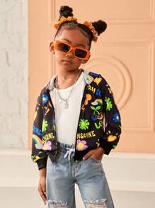SHEIN Young Girl Graffiti Print Hooded Loose Casual Jacket